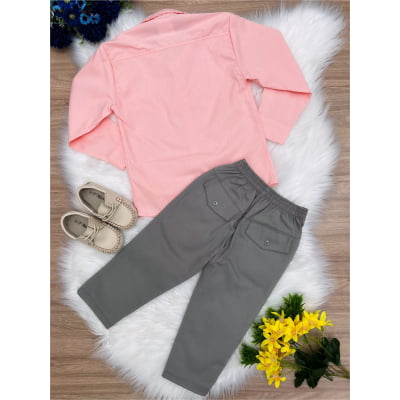 Conjunto Social Camisa Salmão e Calça Sarja Caqui