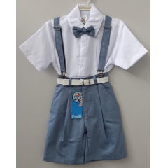 Conjunto Social Camisa Short Gravata e Susp. Azul Petróleo