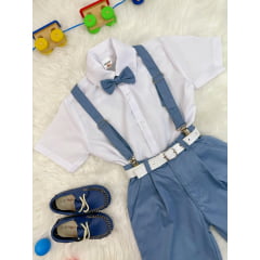 Conjunto Social Camisa Short Gravata e Susp. Azul Petróleo