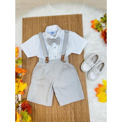 Conjunto Social Camisa Short Gravata e Suspensório Cinza