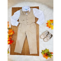 Conjunto Social Colete Calça Gravata Caqui e Camisa Branca