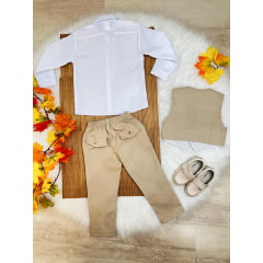 Conjunto Social Colete Calça Gravata Caqui e Camisa Branca