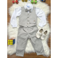 Conjunto Social Colete Gravata e Calça Cinza e Camisa Branca