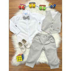 Conjunto Social Colete Gravata e Calça Cinza e Camisa Branca
