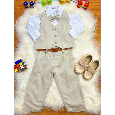Conjunto Social Pajem Calça Colete Bege e Camisa Branca