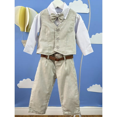Conjunto Social Pajem Calça Colete Bege e Camisa Branca