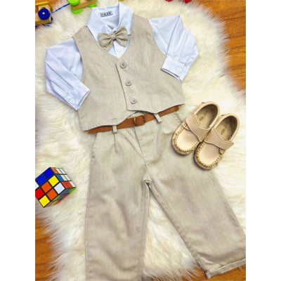 Conjunto Social Pajem Calça Colete Bege e Camisa Branca