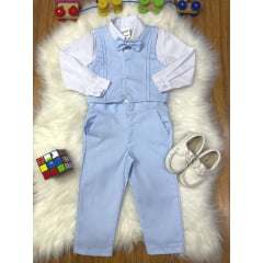 Conjunto Social Pajem Camisa Branca Calça e Colete Azul Claro