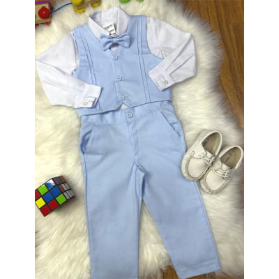 Conjunto Social Pajem Camisa Branca Calça e Colete Azul Claro