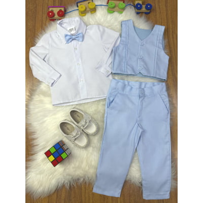 Conjunto Social Pajem Camisa Branca Calça e Colete Azul Claro