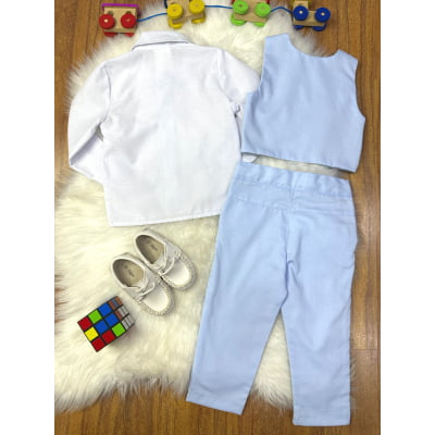 Conjunto Social Pajem Camisa Branca Calça e Colete Azul Claro