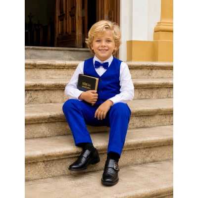 Conjunto Social Pajem Camisa Branca Calça e Colete Azul Royal