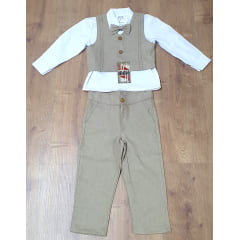 Conjunto Social Pajem Camisa Branca Calça e Colete Caqui