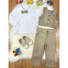 Conjunto Social Pajem Camisa Branca Calça e Colete Caqui