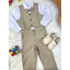 Conjunto Social Pajem Camisa Branca Calça e Colete Caqui
