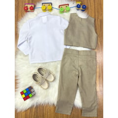 Conjunto Social Pajem Camisa Branca Calça e Colete Caqui