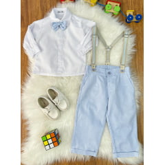 Conjunto Social Pajem Camisa Branca Calça e Susp. Azul Claro