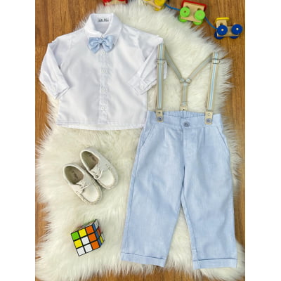Conjunto Social Pajem Camisa Branca Calça e Susp. Azul Claro