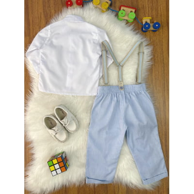 Conjunto Social Pajem Camisa Branca Calça e Susp. Azul Claro