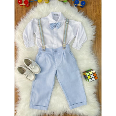 Conjunto Social Pajem Camisa Branca Calça e Susp. Azul Claro