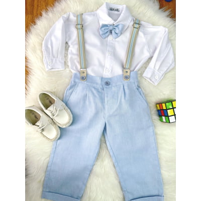 Conjunto Social Pajem Camisa Branca Calça e Susp. Azul Claro