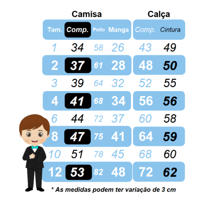 Conjunto Social Pajem Camisa Branca Calça e Susp. Azul Claro