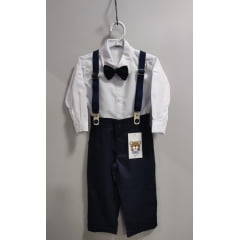 Conjunto Social Pajem Camisa Branca Calça e Susp. Azul Escuro