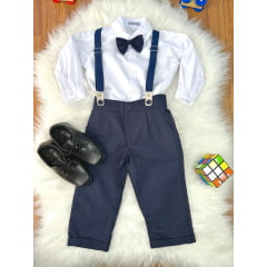 Conjunto Social Pajem Camisa Branca Calça e Susp. Azul Escuro