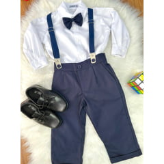 Conjunto Social Pajem Camisa Branca Calça e Susp. Azul Escuro