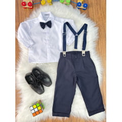 Conjunto Social Pajem Camisa Branca Calça e Susp. Azul Escuro