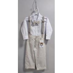 Conjunto Social Pajem Camisa Branca Calça e Susp. Bege