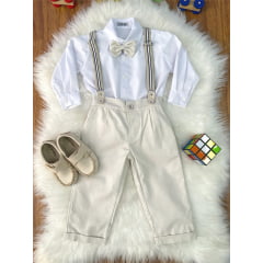 Conjunto Social Pajem Camisa Branca Calça e Susp. Bege