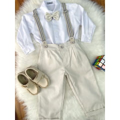 Conjunto Social Pajem Camisa Branca Calça e Susp. Bege