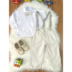 Conjunto Social Pajem Camisa Branca Calça e Susp. Bege