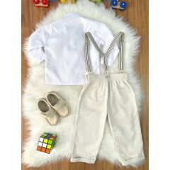 Conjunto Social Pajem Camisa Branca Calça e Susp. Bege