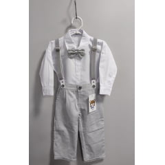 Conjunto Social Pajem Camisa Branca Calça e Susp. Cinza Claro