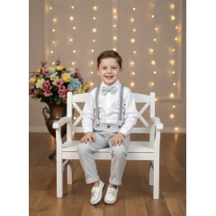 Conjunto Social Pajem Camisa Branca Calça e Susp. Cinza Claro