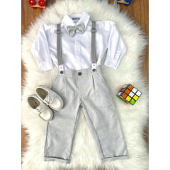 Conjunto Social Pajem Camisa Branca Calça e Susp. Cinza Claro