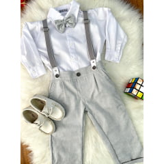Conjunto Social Pajem Camisa Branca Calça e Susp. Cinza Claro