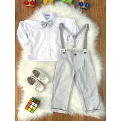 Conjunto Social Pajem Camisa Branca Calça e Susp. Cinza Claro