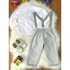 Conjunto Social Pajem Camisa Branca Calça e Susp. Cinza Claro