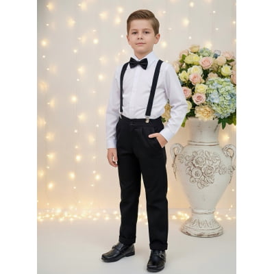 Conjunto Social Pajem Camisa Branca Calça e Susp. Preto