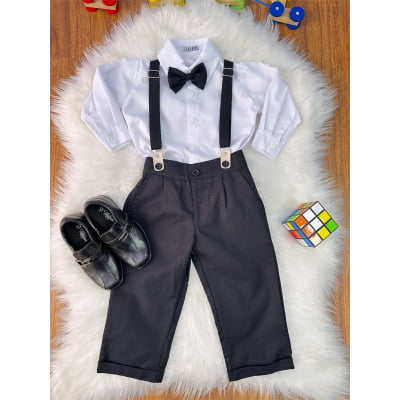 Conjunto Social Pajem Camisa Branca Calça e Susp. Preto