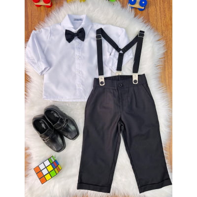 Conjunto Social Pajem Camisa Branca Calça e Susp. Preto
