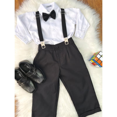Conjunto Social Pajem Camisa Branca Calça e Susp. Preto