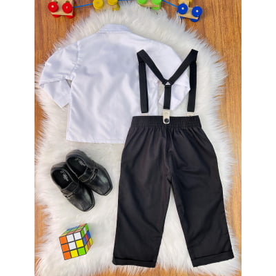 Conjunto Social Pajem Camisa Branca Calça e Susp. Preto