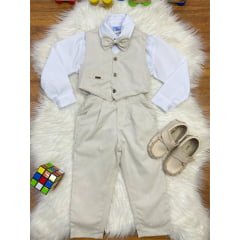 Conjunto Social Pajem Camisa Branca Calça Gravata e Colete Bege