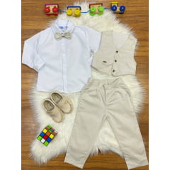 Conjunto Social Pajem Camisa Branca Calça Gravata e Colete Bege