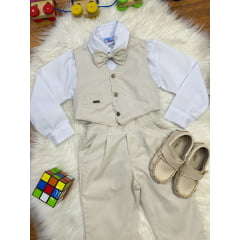 Conjunto Social Pajem Camisa Branca Calça Gravata e Colete Bege