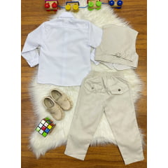 Conjunto Social Pajem Camisa Branca Calça Gravata e Colete Bege